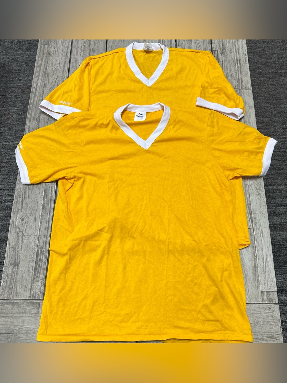 NWOT 2 VTG 80s Majestic Vneck Ringer Jersey Size Large Yellow Retro Usa Made